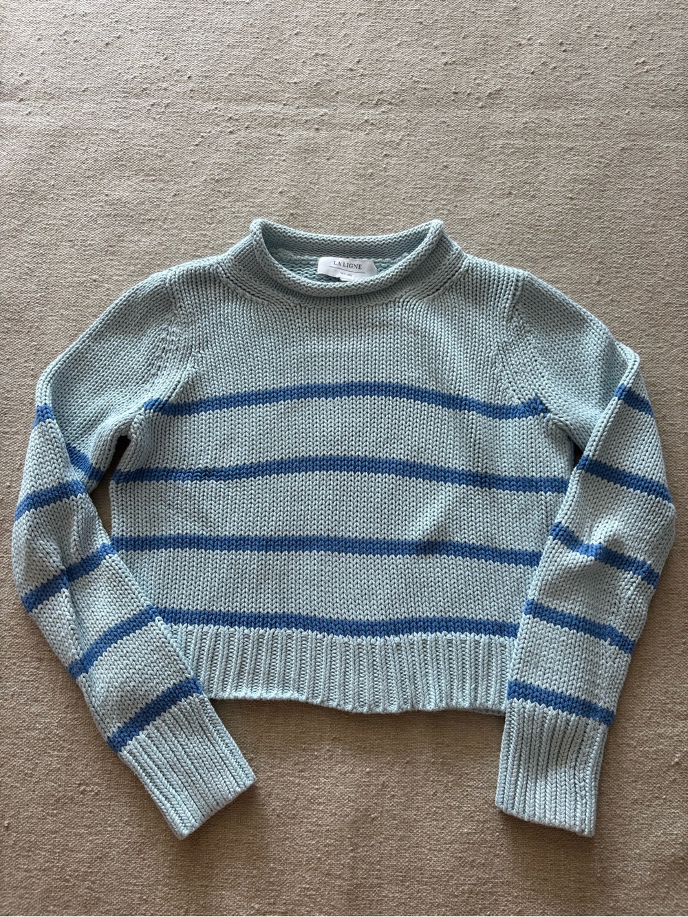 La Ligne Rollneck Blue Striped Cotton Crewneck Sweater, XS